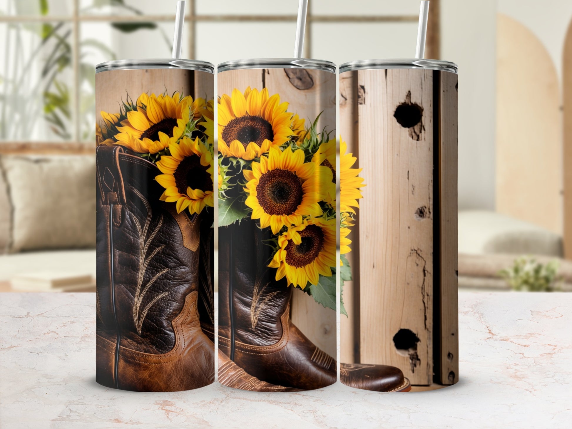 Brown cowboy boot filled with sunflowers, against rustic wooden background.