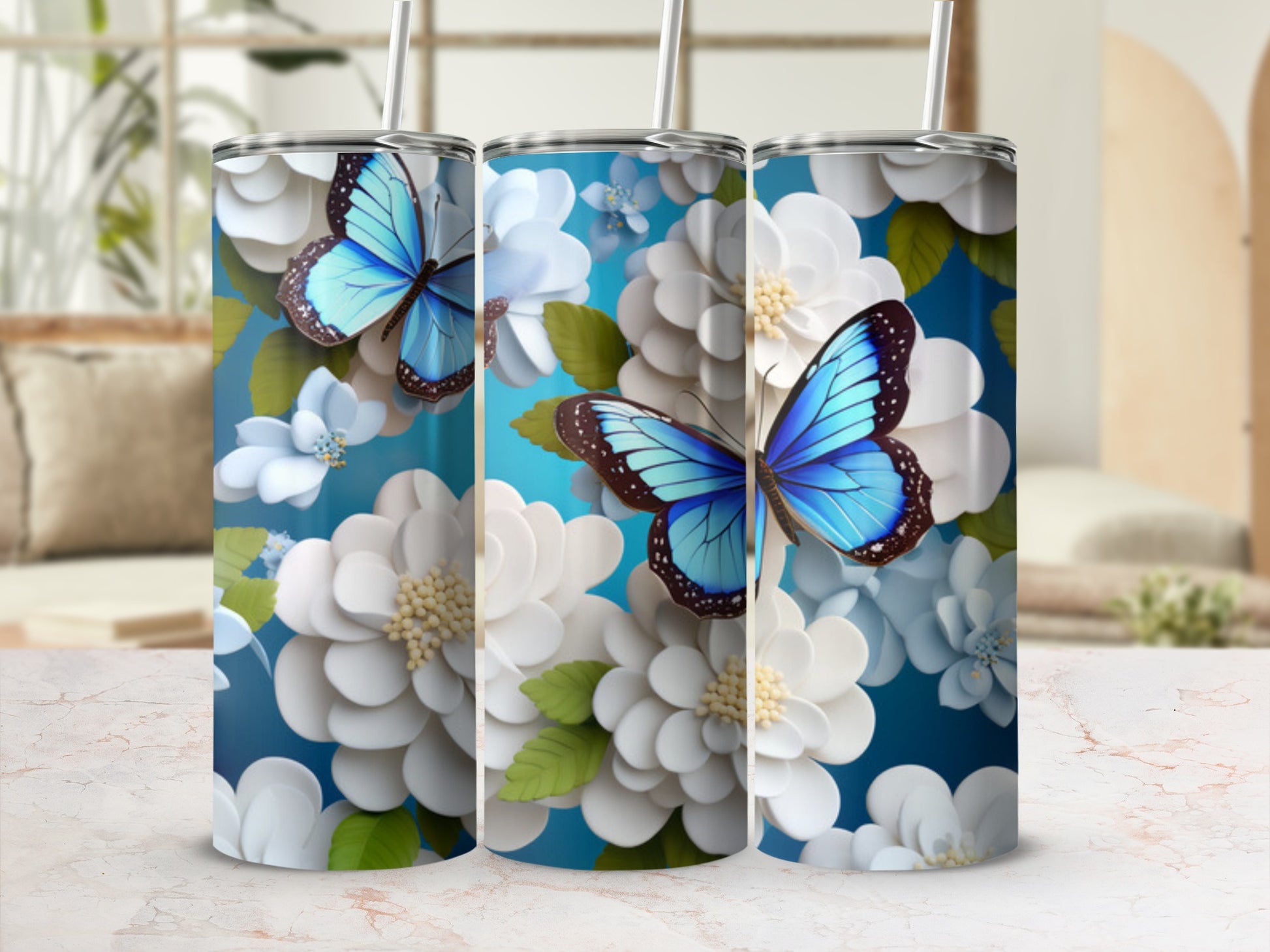 Blue butterfly and white flowers pattern on a triple tumbler mockup.