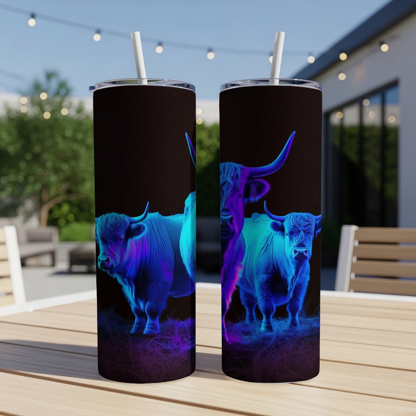 Two Highland cows depicted with neon blue and purple lighting on a dark background.
