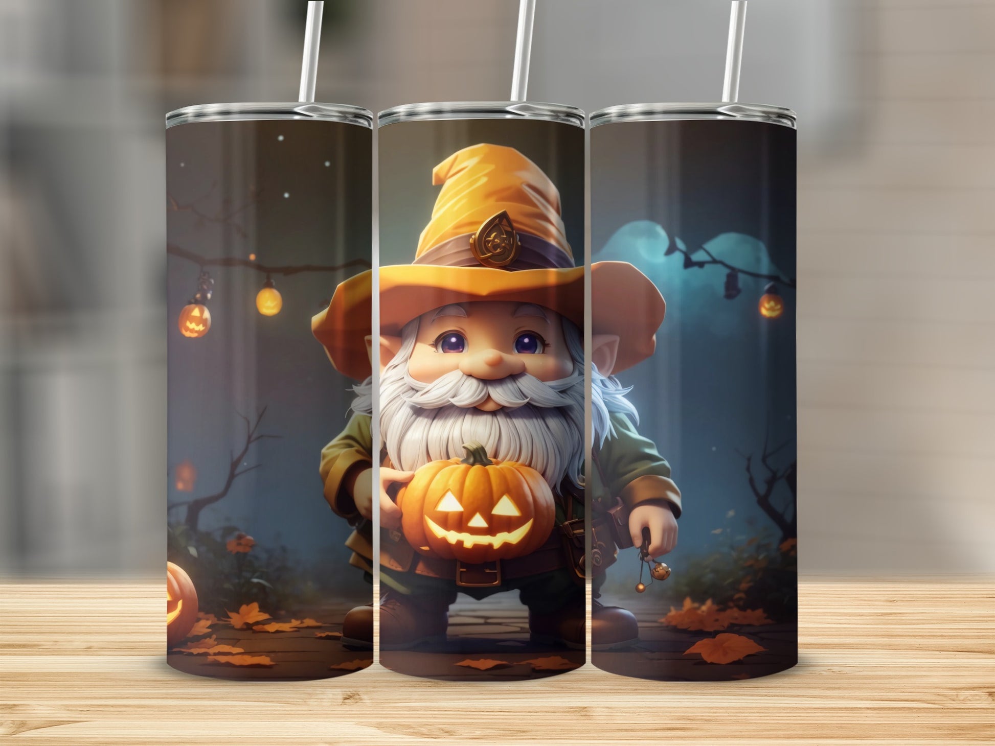 Three tumblers display a Halloween gnome holding a jack-o'-lantern.
