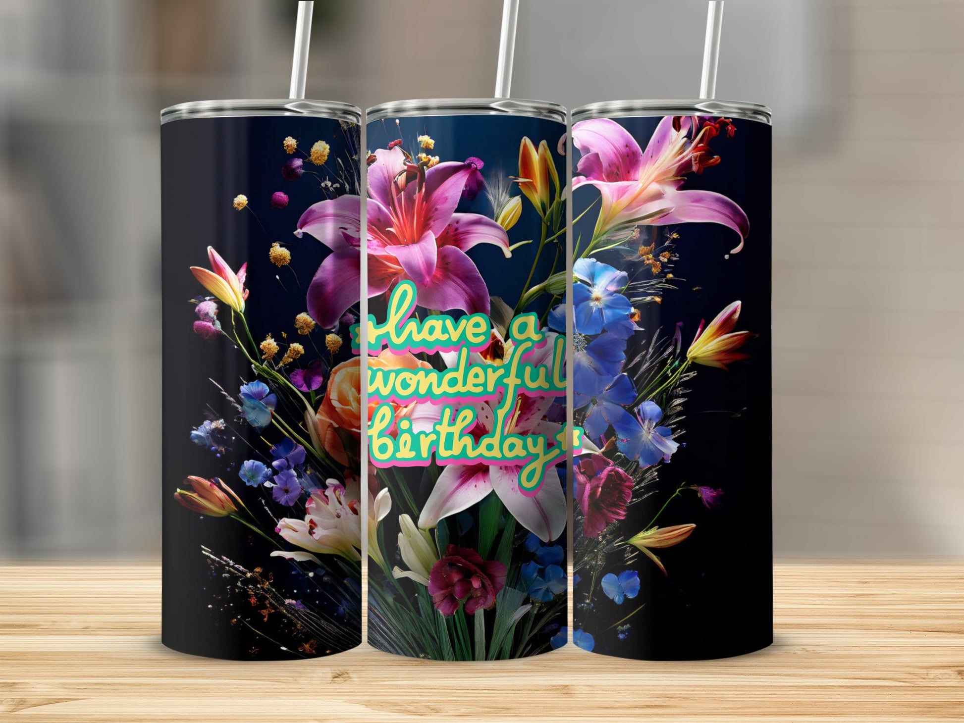 Tumbler with colorful floral design and "have a wonderful birthday" text.