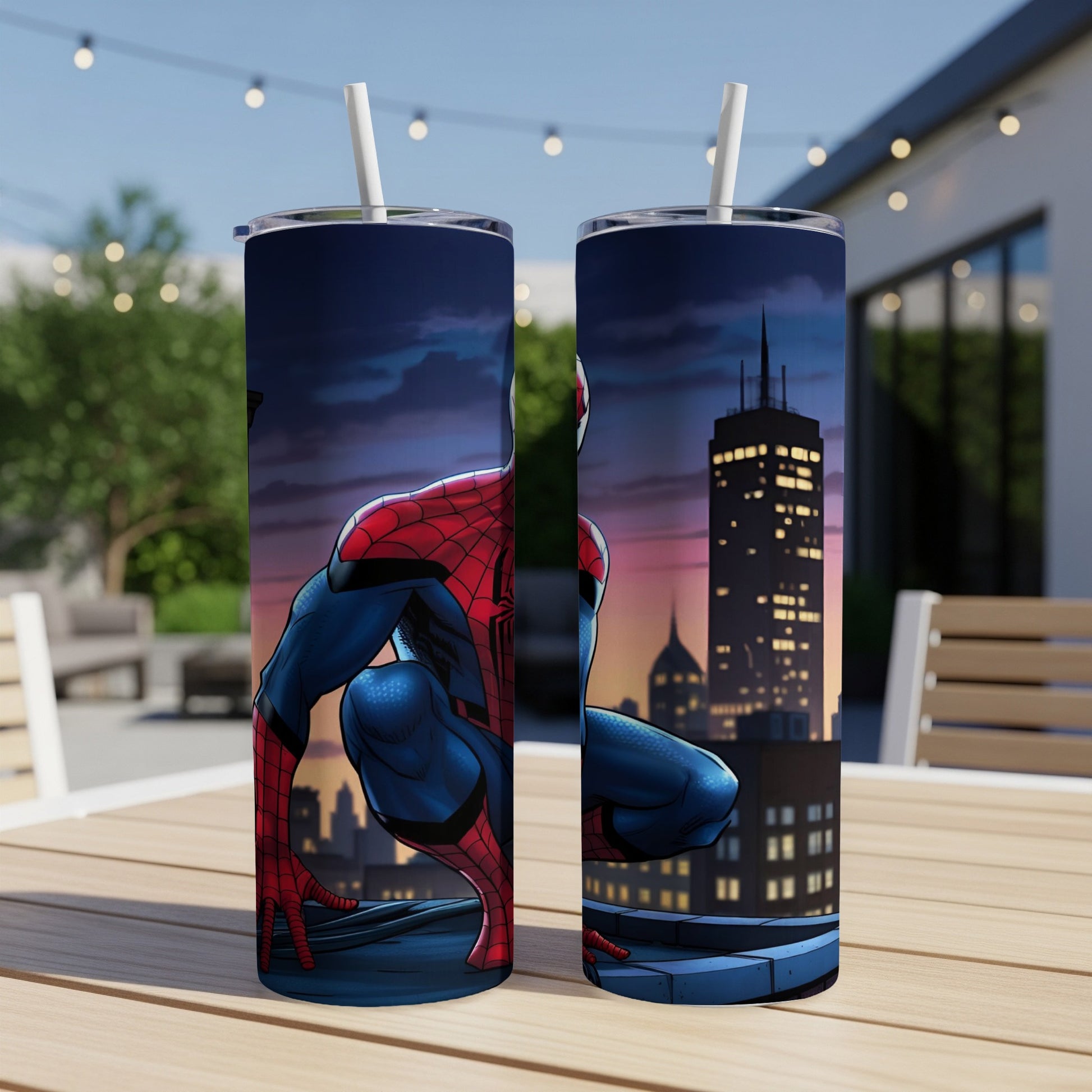 Spiderman crouches on a rooftop with city skyline behind him.