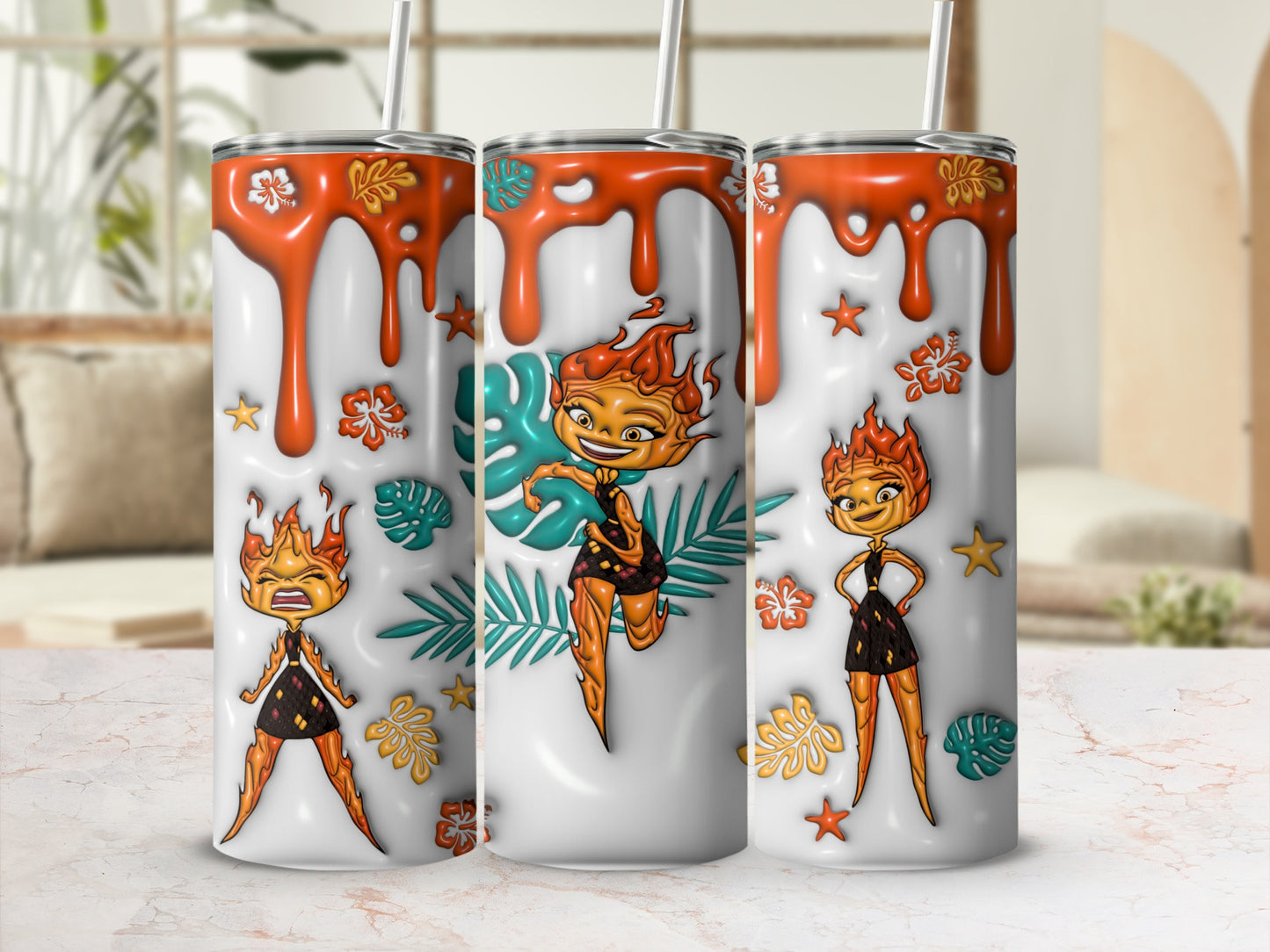 Three tumblers with an animated character of a fire girl and tropical flowers.