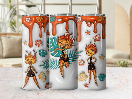 Three tumblers with an animated character of a fire girl and tropical flowers.