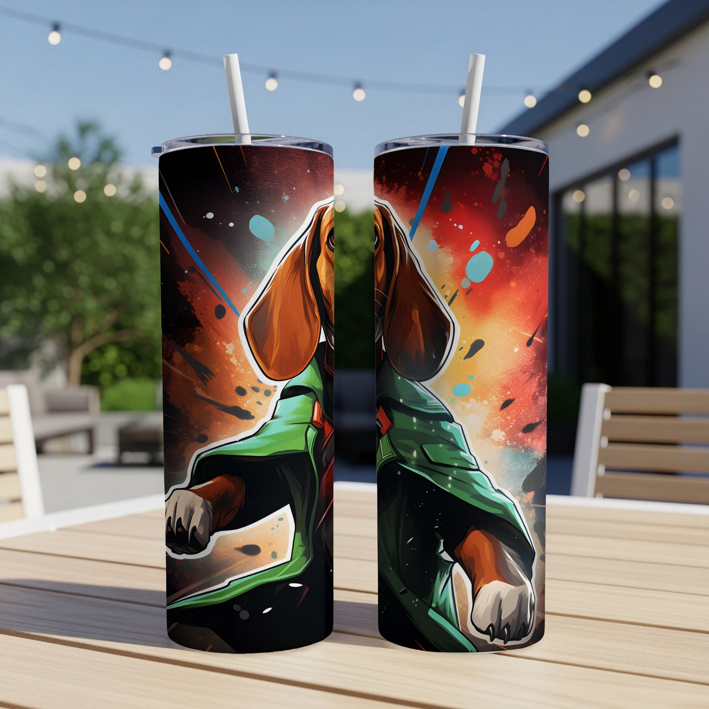 Two tumblers featuring a cartoon dachshund in a green jacket against a colorful, splattered background.