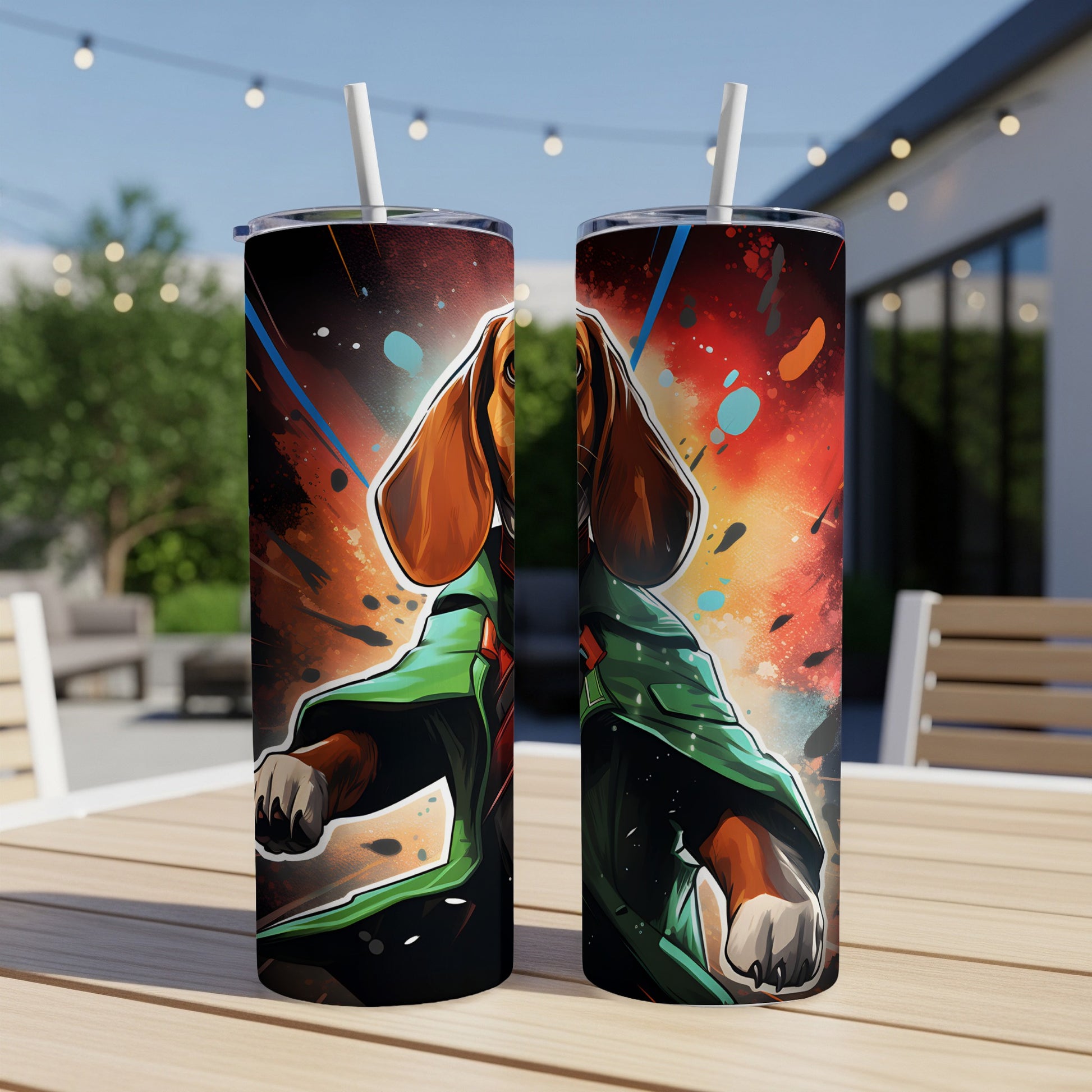 Two tumblers featuring a cartoon dachshund in a green jacket against a colorful, splattered background.