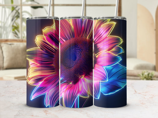 Three tall tumblers featuring a vibrant, neon-outlined sunflower design.