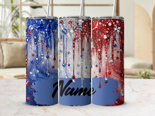 Three patriotic tumblers with glitter, rhinestones, and stars.