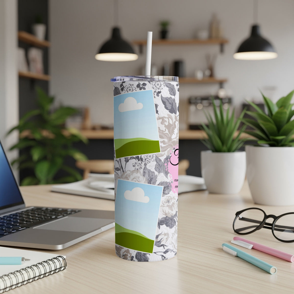 Floral tumbler with placeholder image frames and pink accent text.