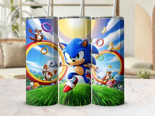Sonic the Hedgehog running through a field of green with rings.
