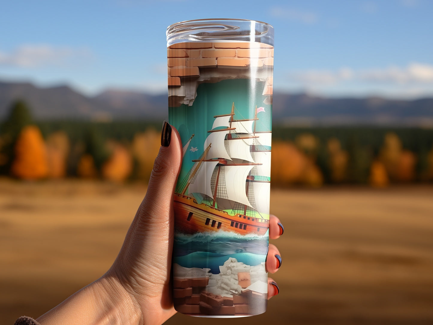 Artistic 3D Ship Scene Printed Travel Tumbler Cup