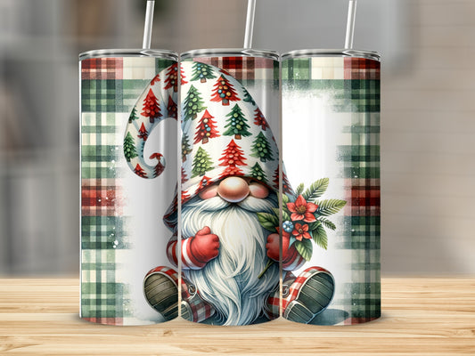 Gnome with Christmas trees on hat holding flowers, on plaid background.