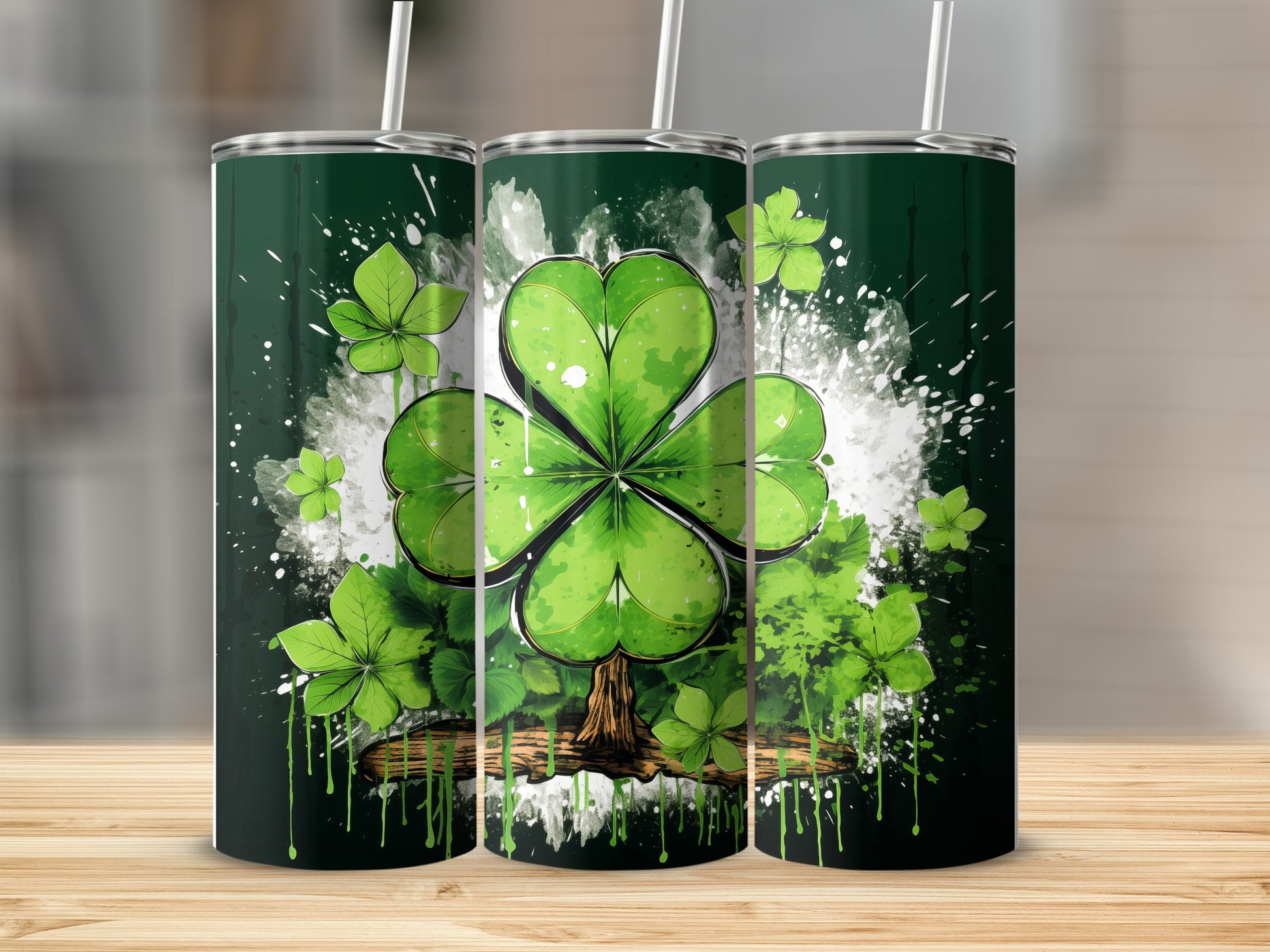 Green shamrock tree design on a set of three tumblers.