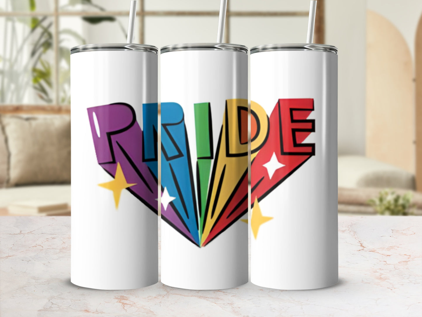 White tumblers with "Pride" text in rainbow colors and starburst accents.