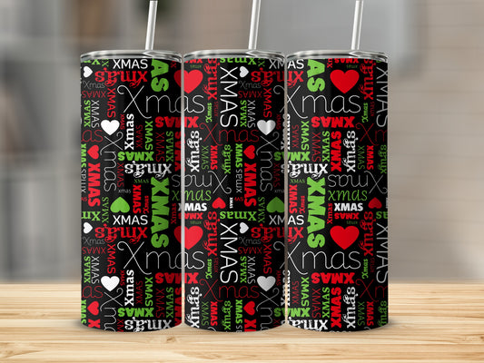 Pattern of red and green "XMAS" text with hearts on a black tumbler.