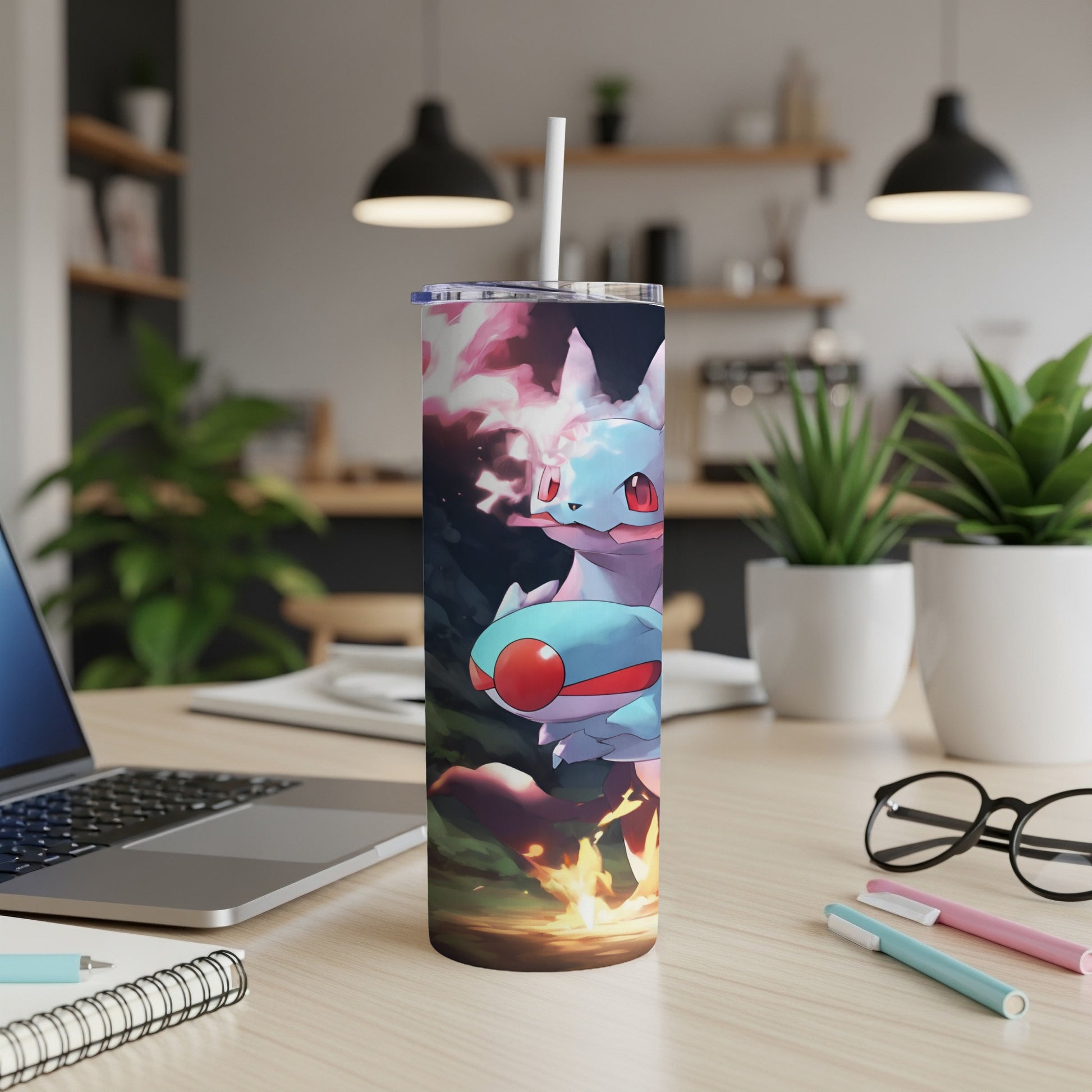 Feraligatr Pokémon design on a white tumbler with a straw.