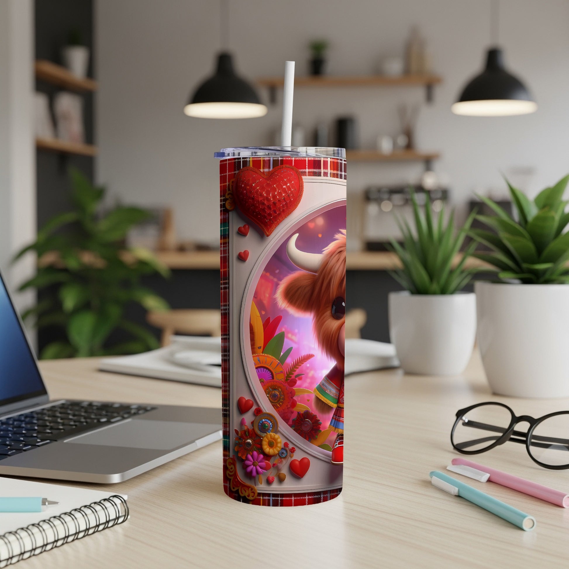 Tall tumbler featuring a Highland cow with a plaid pattern and heart accent.