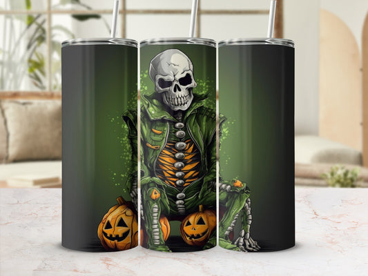 Skeleton in a green jacket sitting on pumpkins, depicted on three tumblers.
