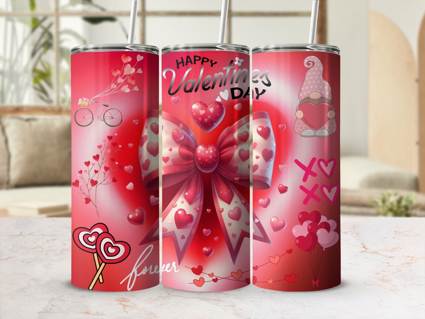 Valentine's Day Tumbler with Heart and Bow Design