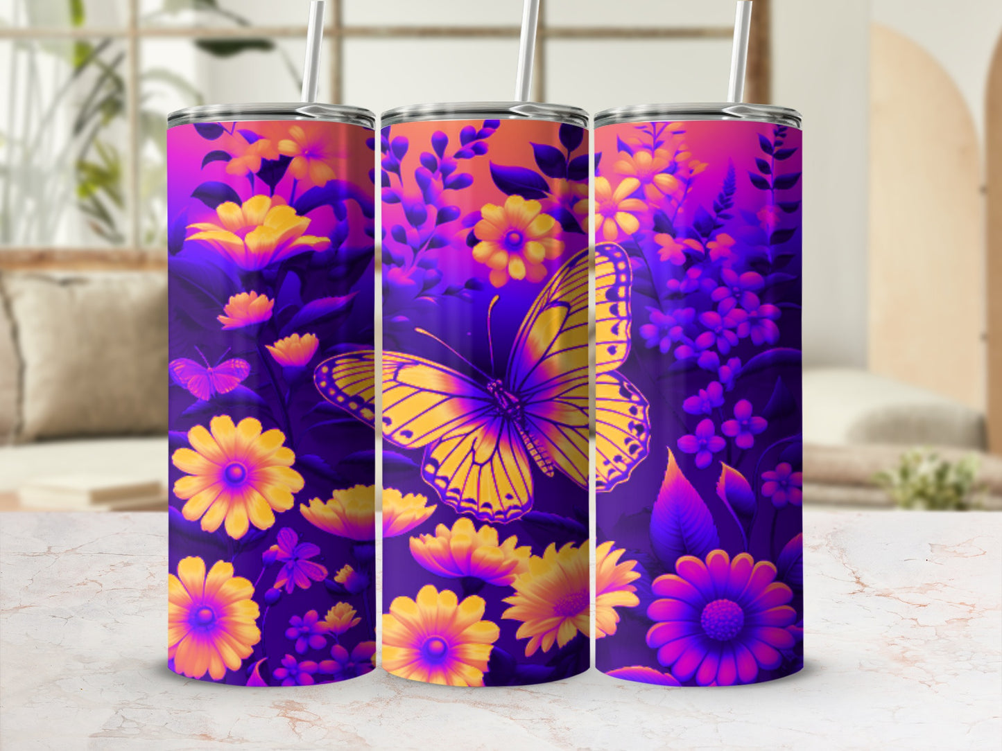 Purple and yellow floral and butterfly design on three tumblers.