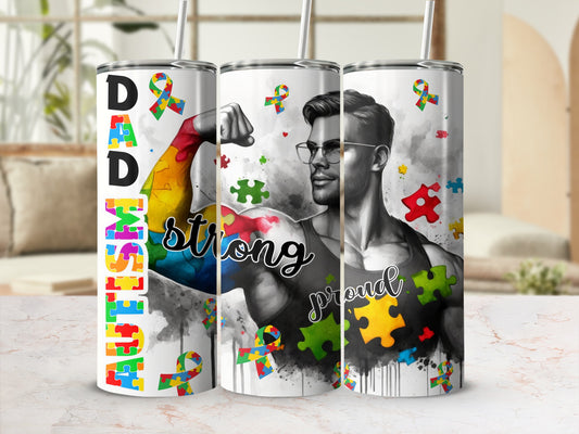 Three tumblers with autism awareness puzzles and "Dad Strong Proud" text.