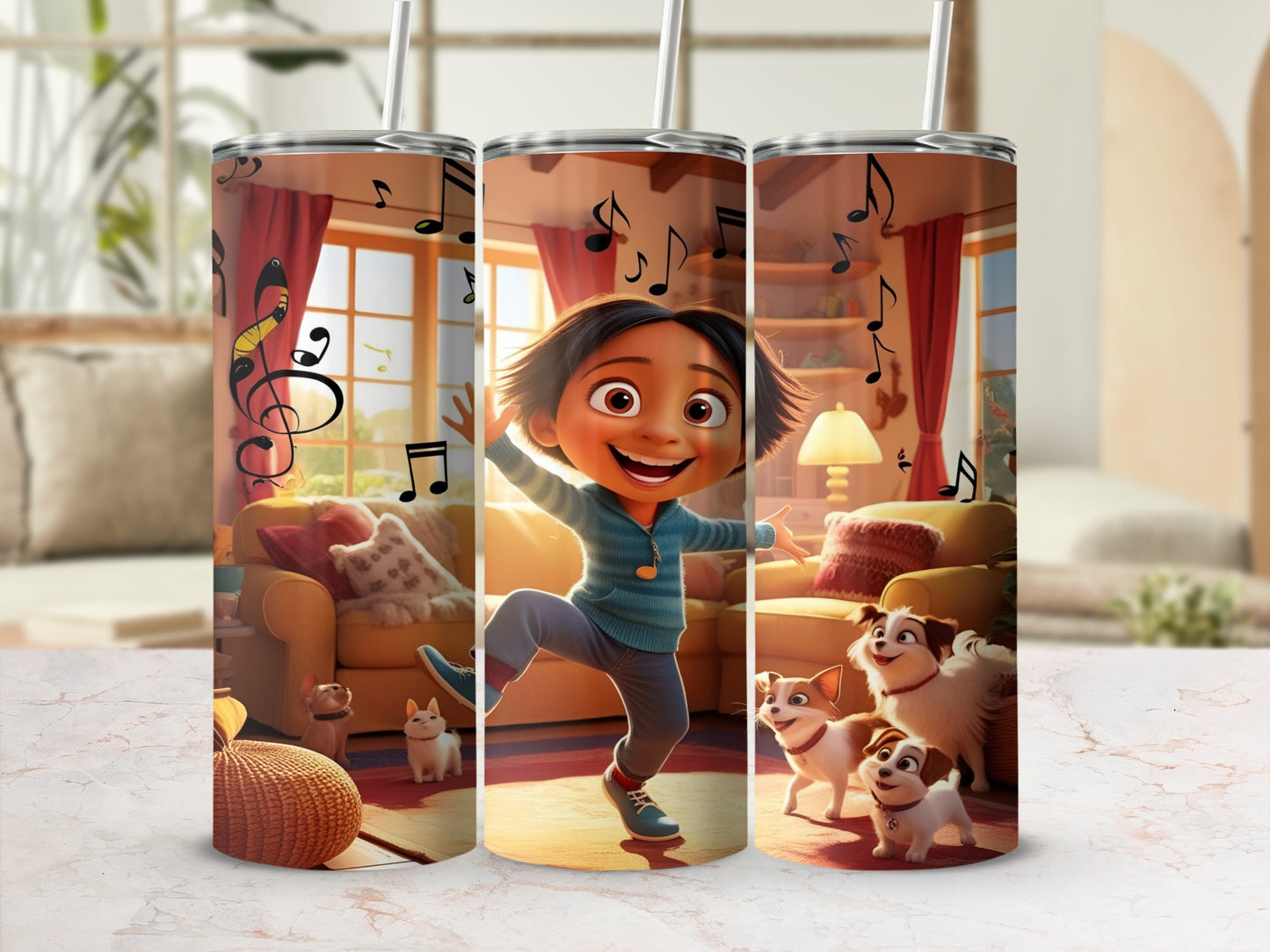 Animated girl dancing with two dogs and musical notes on a tumbler.