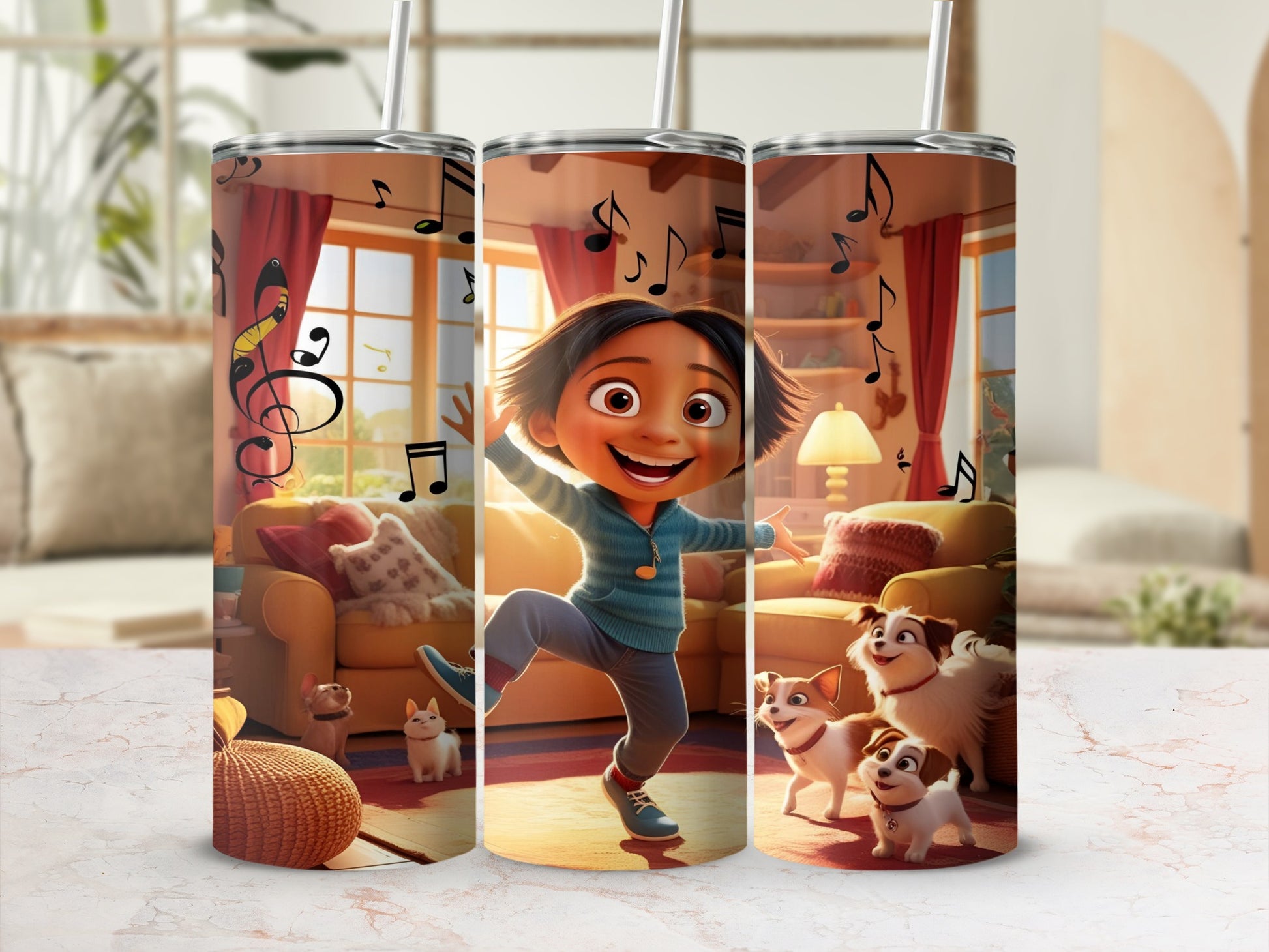Animated girl dancing with two dogs and musical notes on a tumbler.