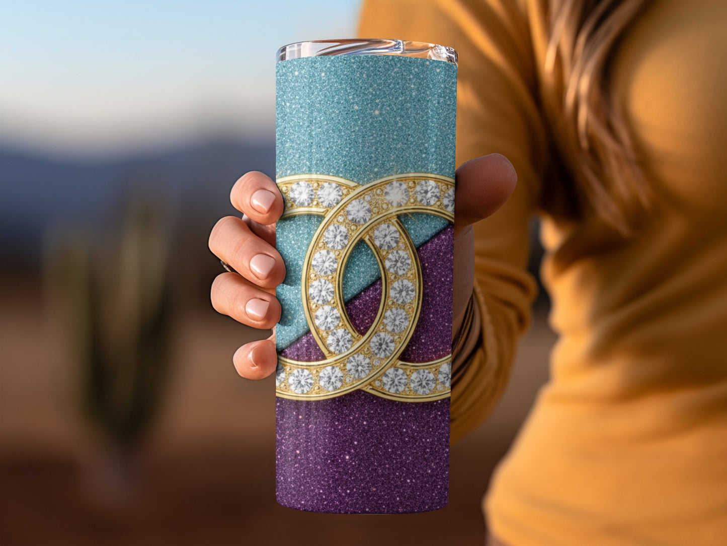 Gold Glitter Overlap Design Against Two Toned Backdrop Tumbler