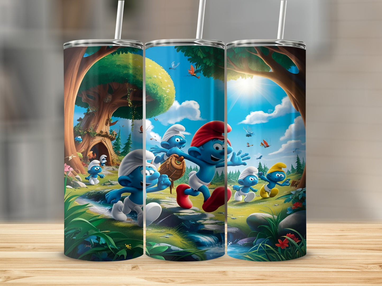Smurfs running through a sunny forest with trees and butterflies.