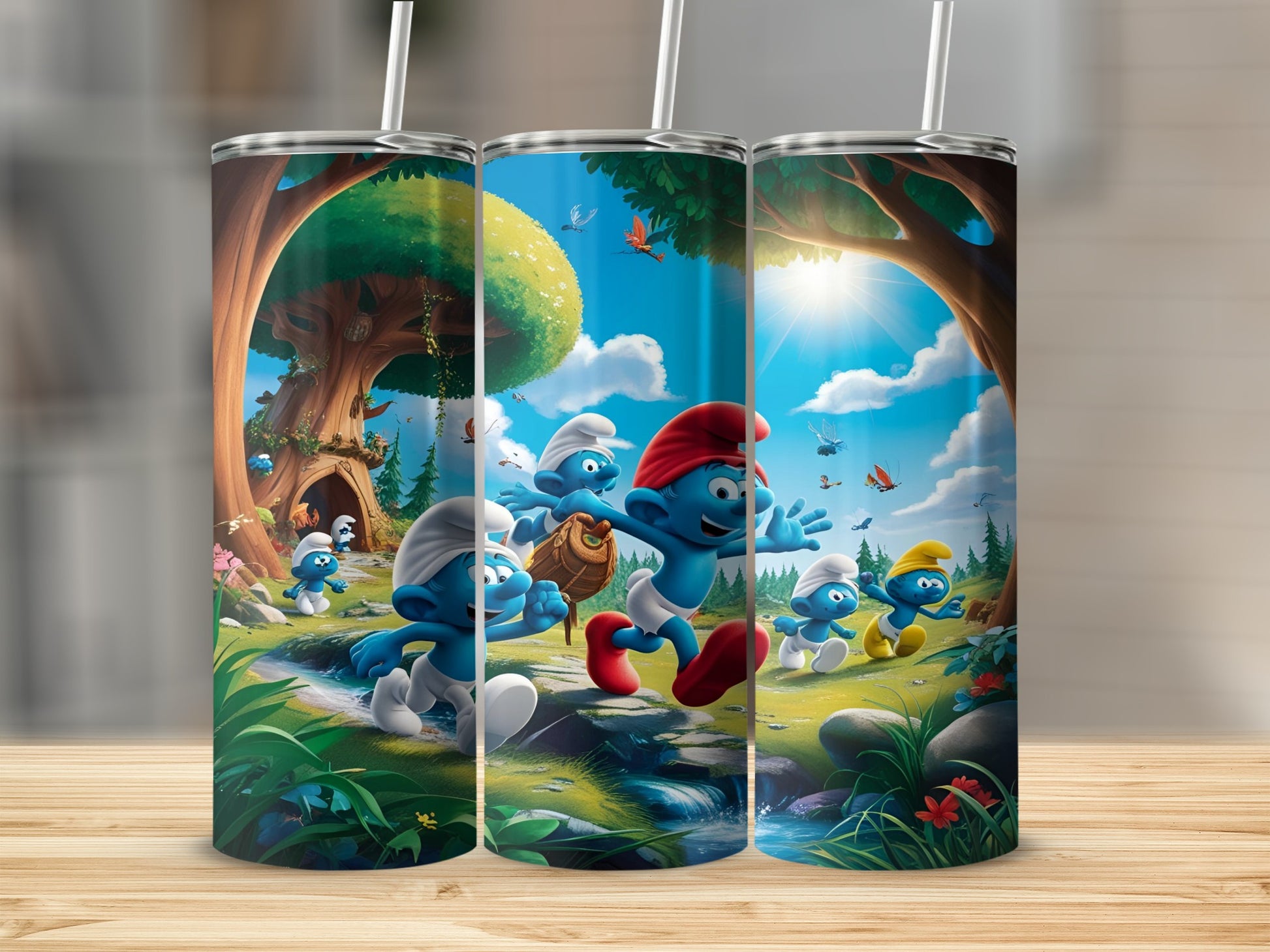 Smurfs running through a sunny forest with trees and butterflies.