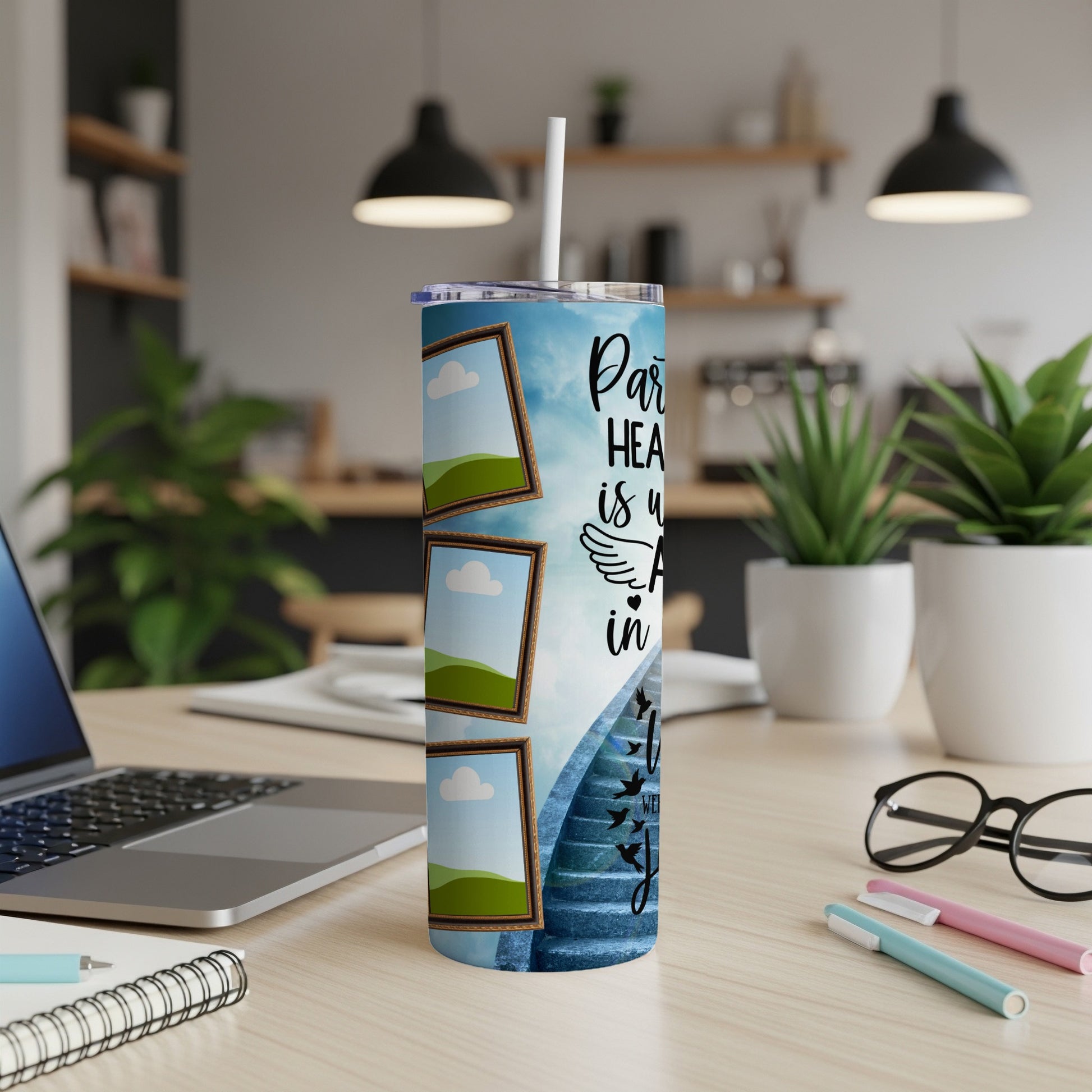 Tumbler with sky, stairs, frame placeholders, and text "Part of my heart is with you in Heaven".