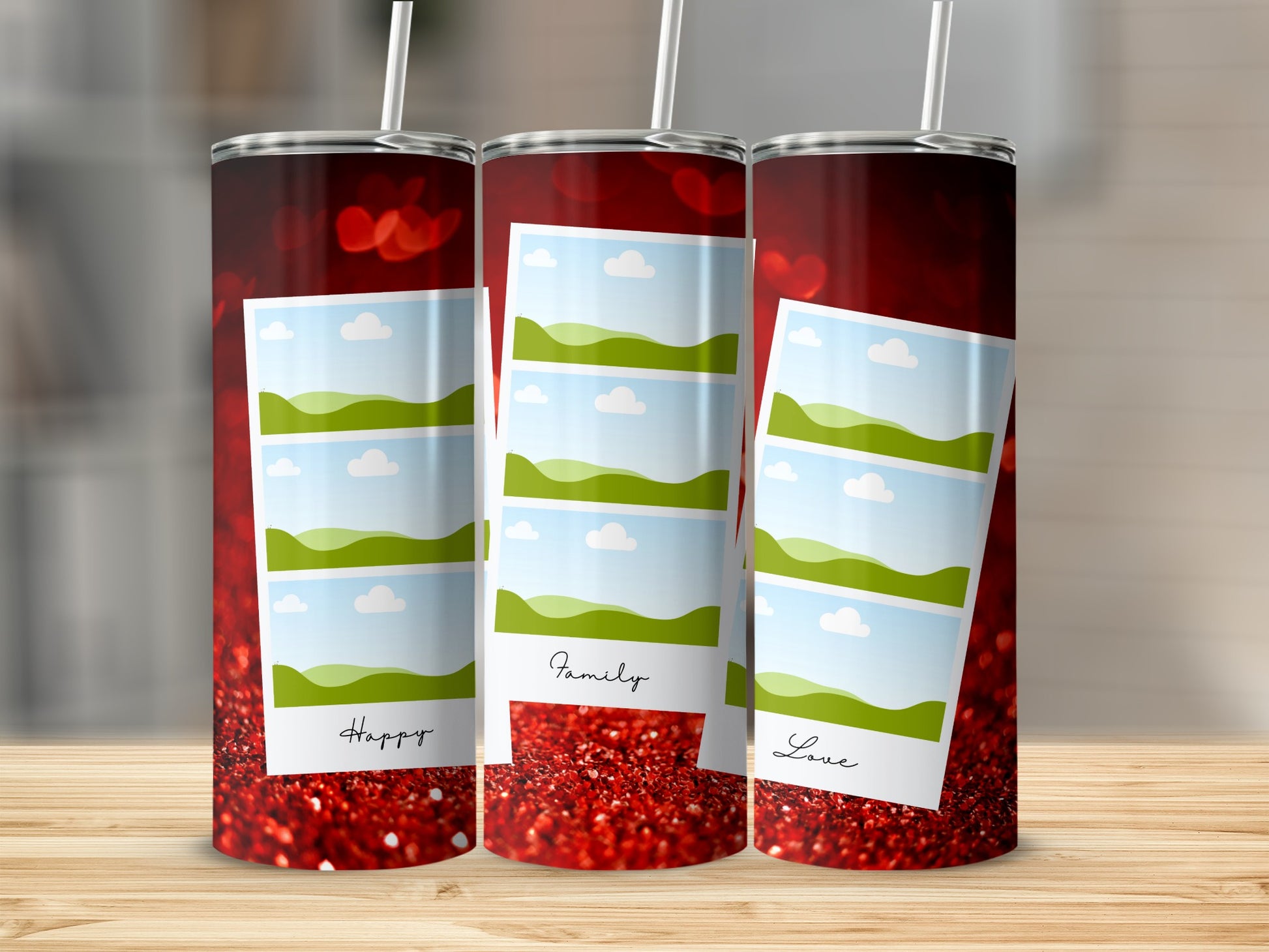 Three tumblers with red glitter and photo placeholders with "Happy", "Family", and "Love".