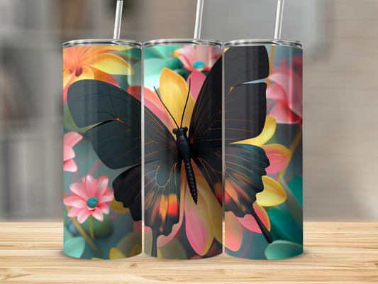 Three tumblers featuring a black butterfly with colorful wings against a floral background.