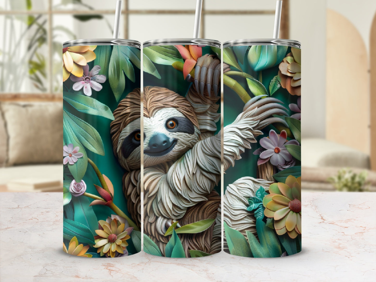 Sloth hanging from a vine surrounded by tropical flowers and leaves.