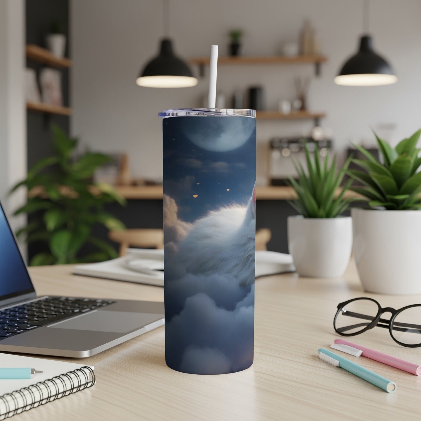 White cat on clouds with moon and stars, on a tumbler.