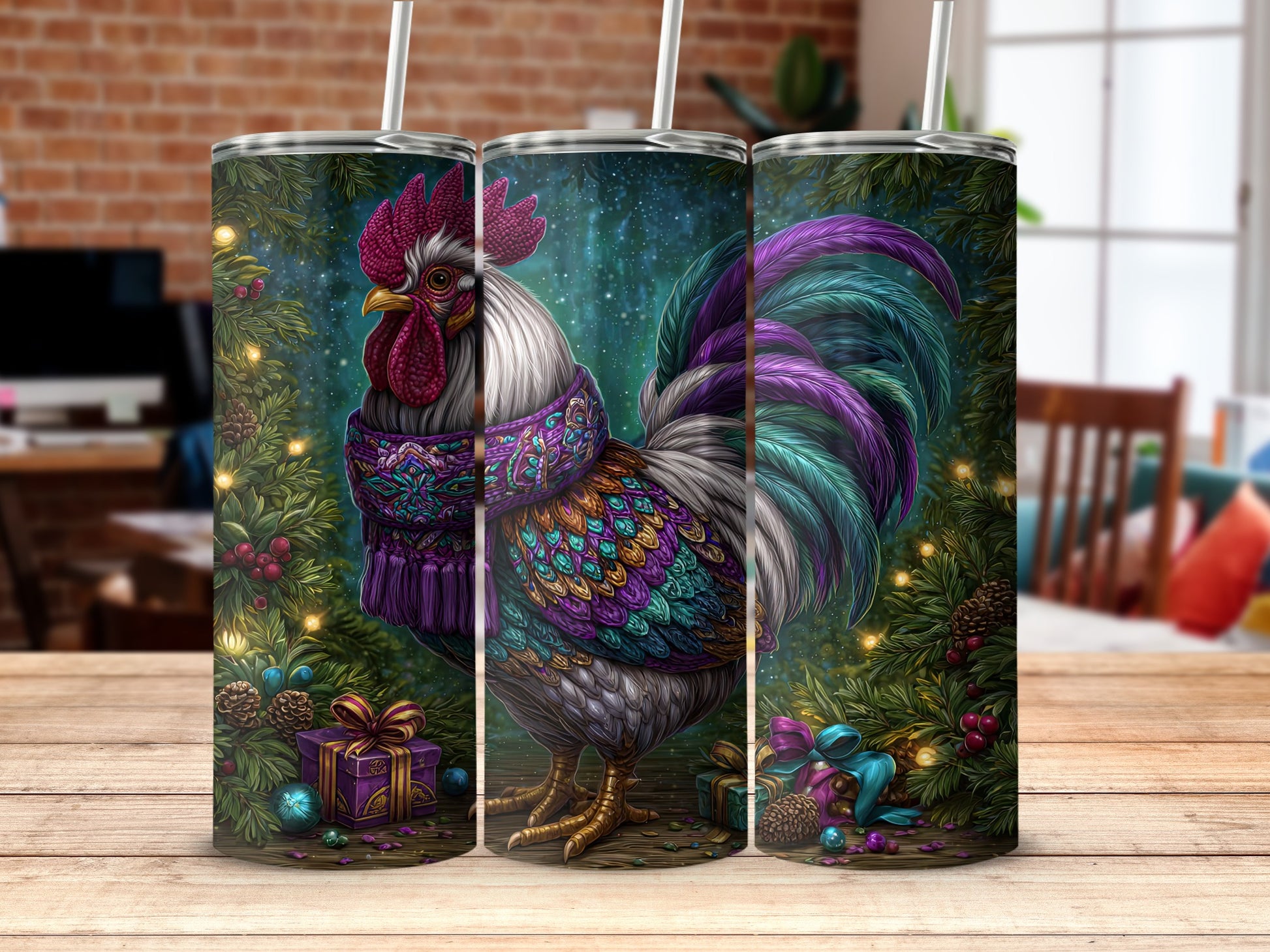 Festive Rooster Christmas Tumbler with Presents Culinary