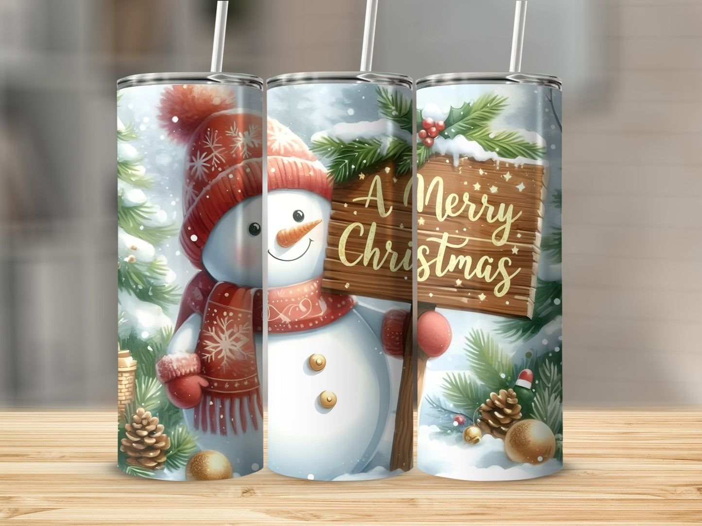 Festive Snowman and Pinecones Christmas Tumbler