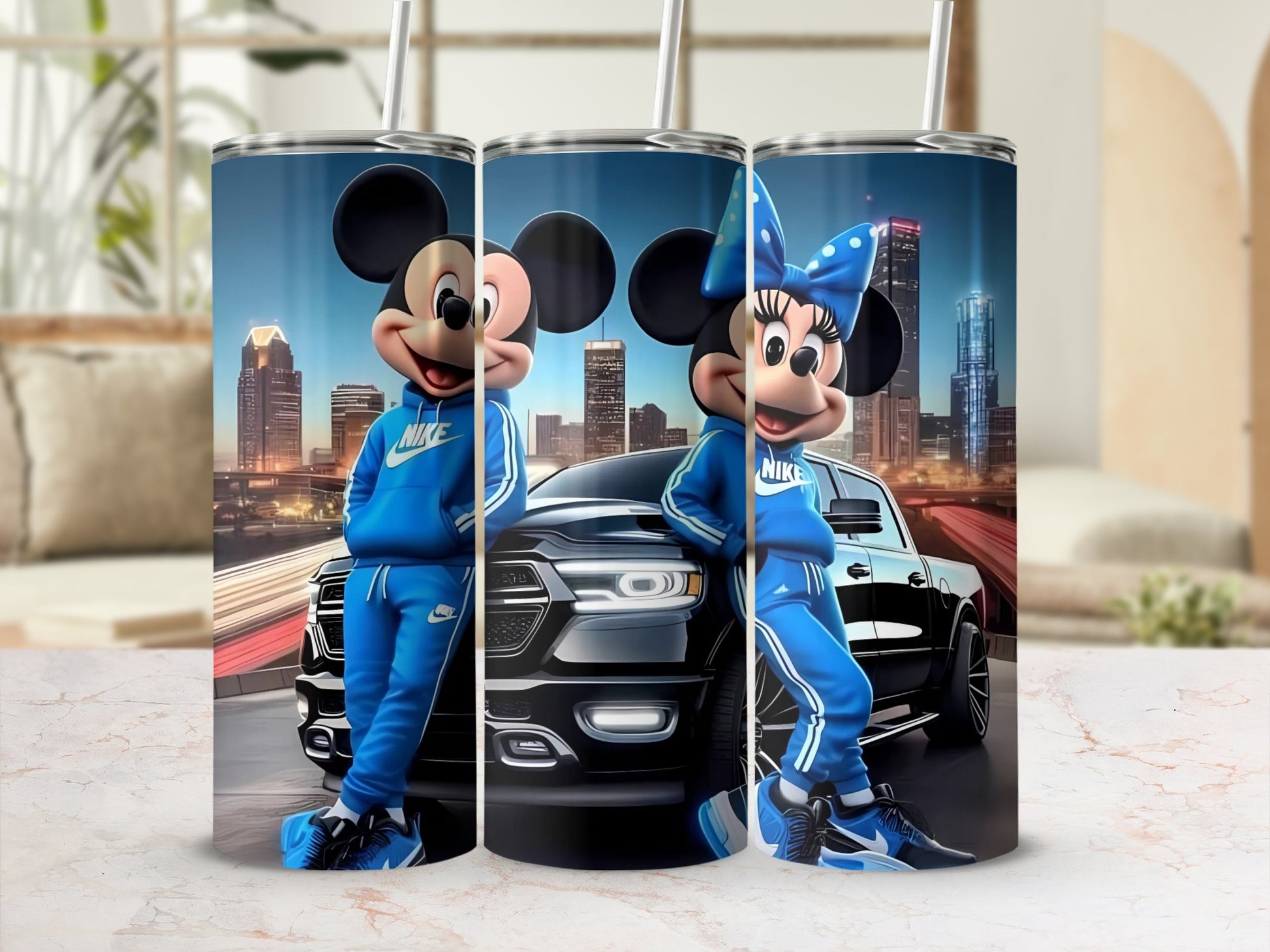Mickey and Minnie in Cityscape with Car Tumbler