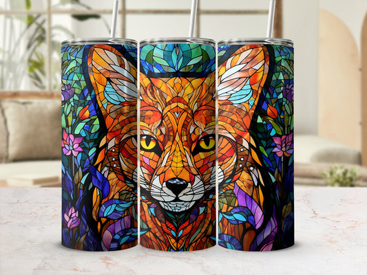 Stained glass fox face design on a set of three colorful tumblers.