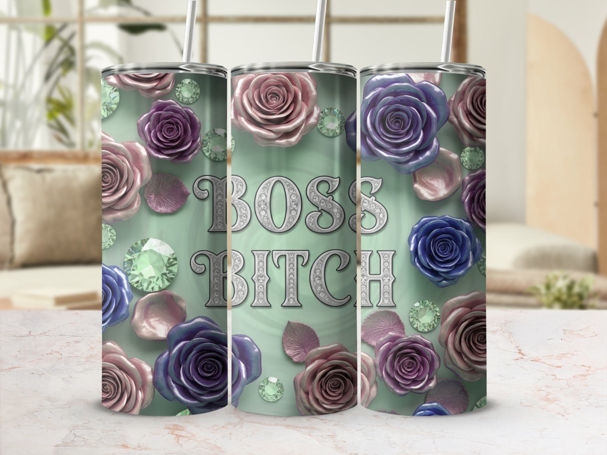 Boss Bitch Floral Design Tumbler with Straw