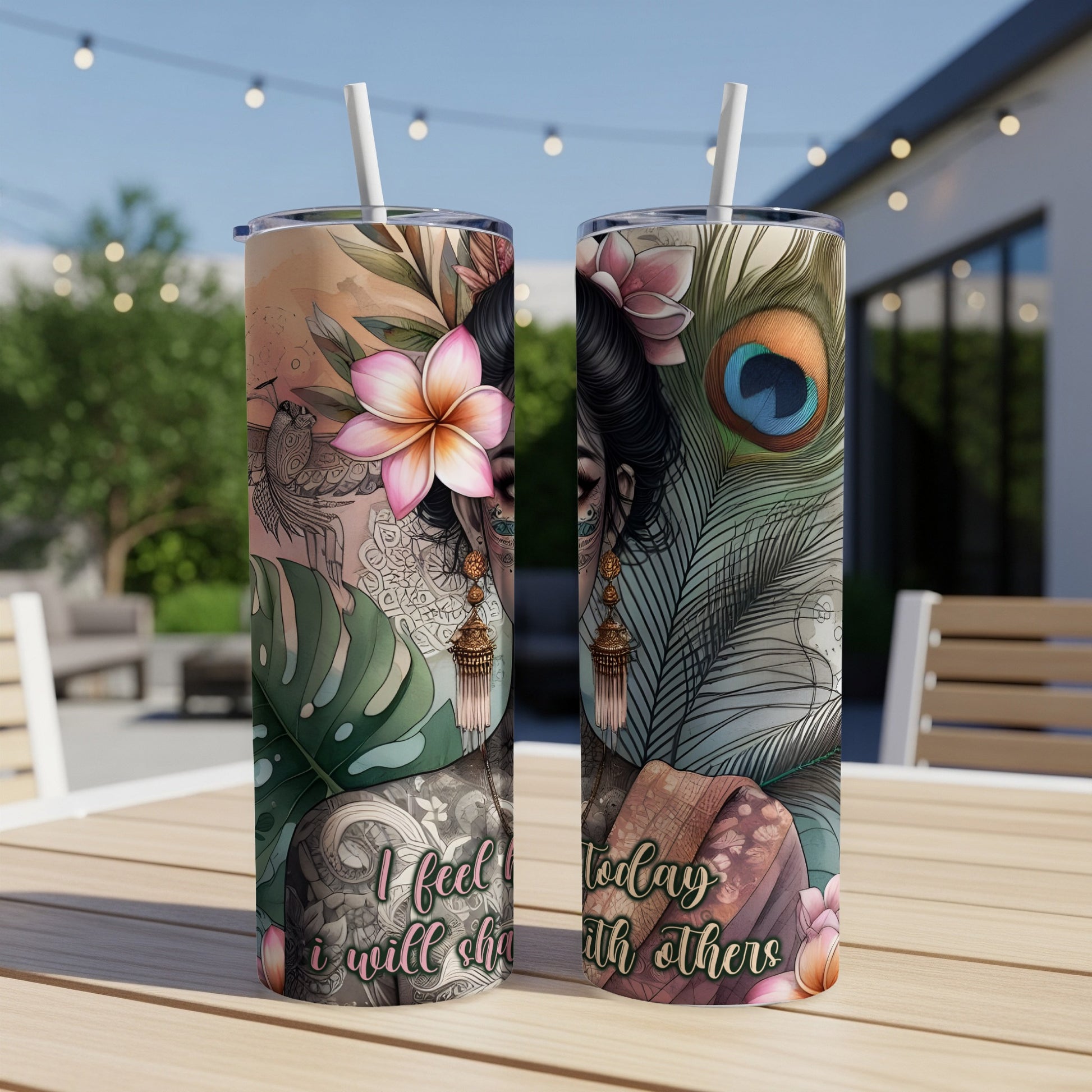 Two tumblers with floral and peacock feather designs and inspirational text.
