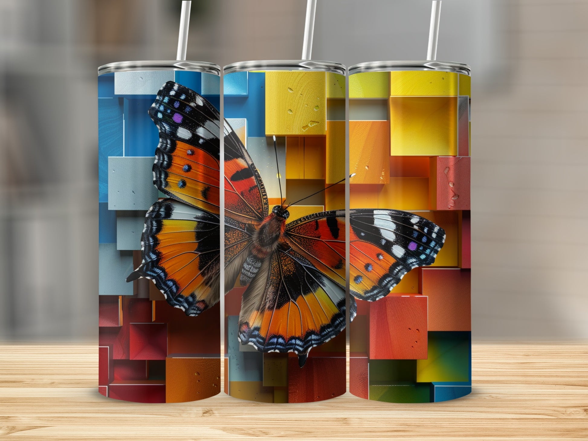 Three tumblers featuring a butterfly on a background of colorful abstract blocks.