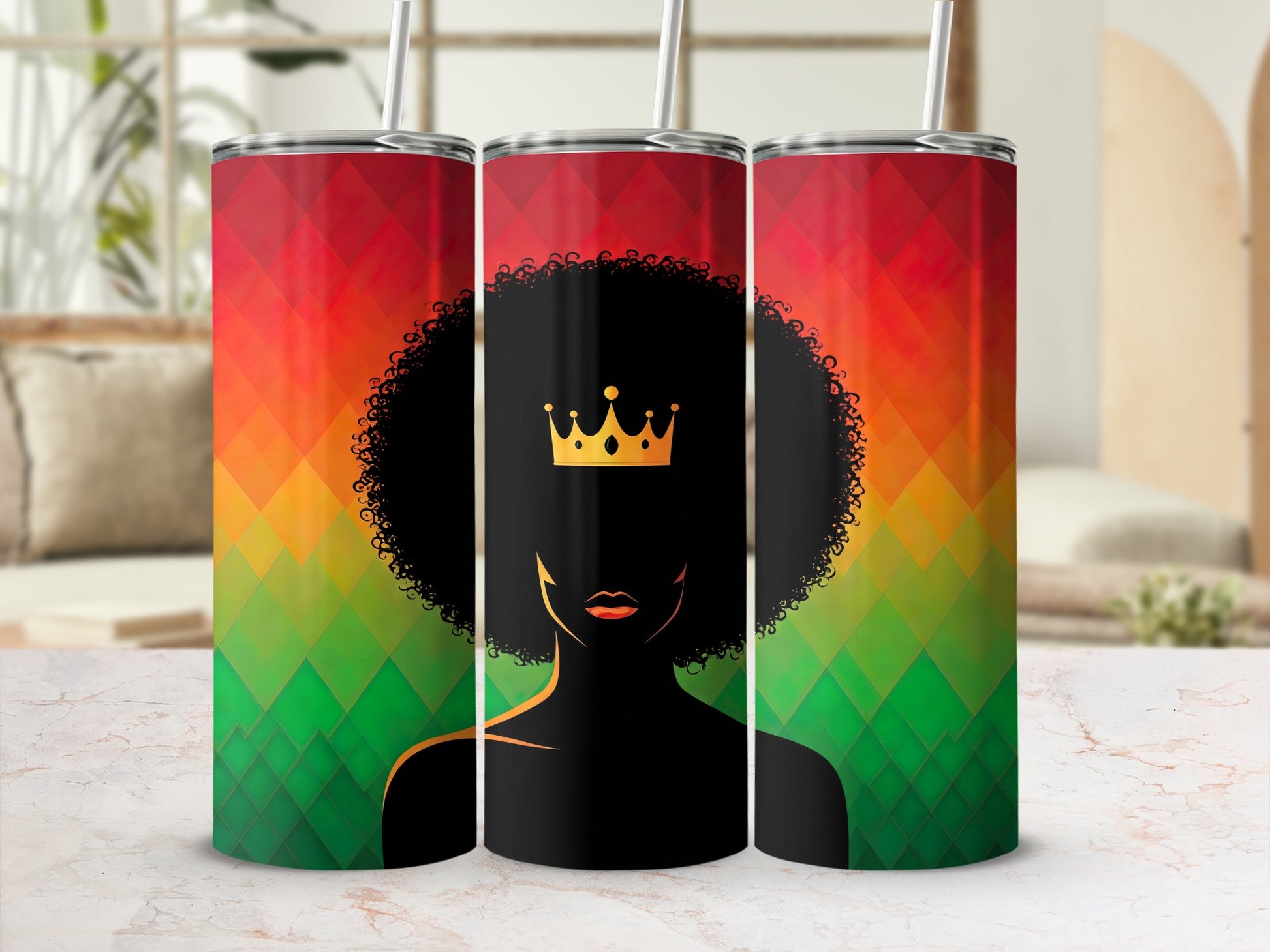 Black woman with crown and afro on red, yellow, and green geometric background tumbler.