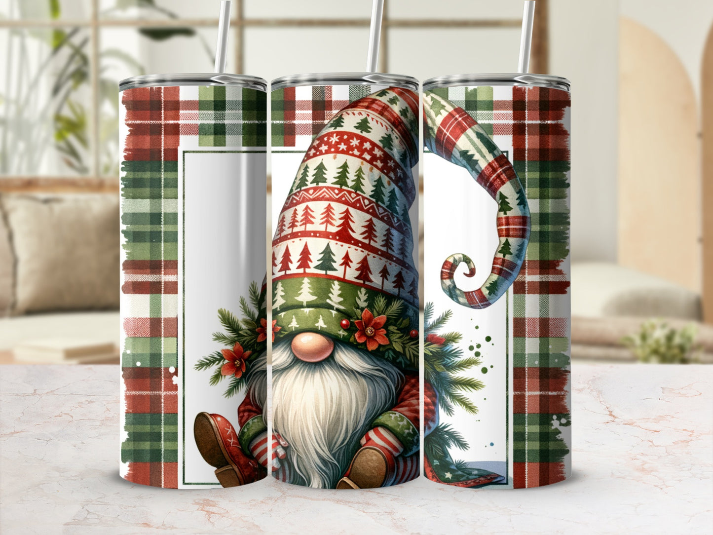 Tartan gnome with green hat and red trim, decorated with Christmas trees.