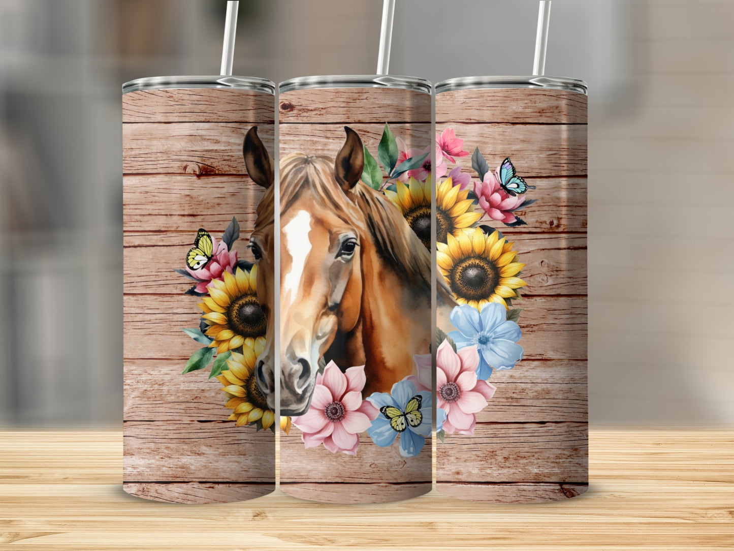 Horse portrait with sunflowers and butterflies on wood grain tumbler.