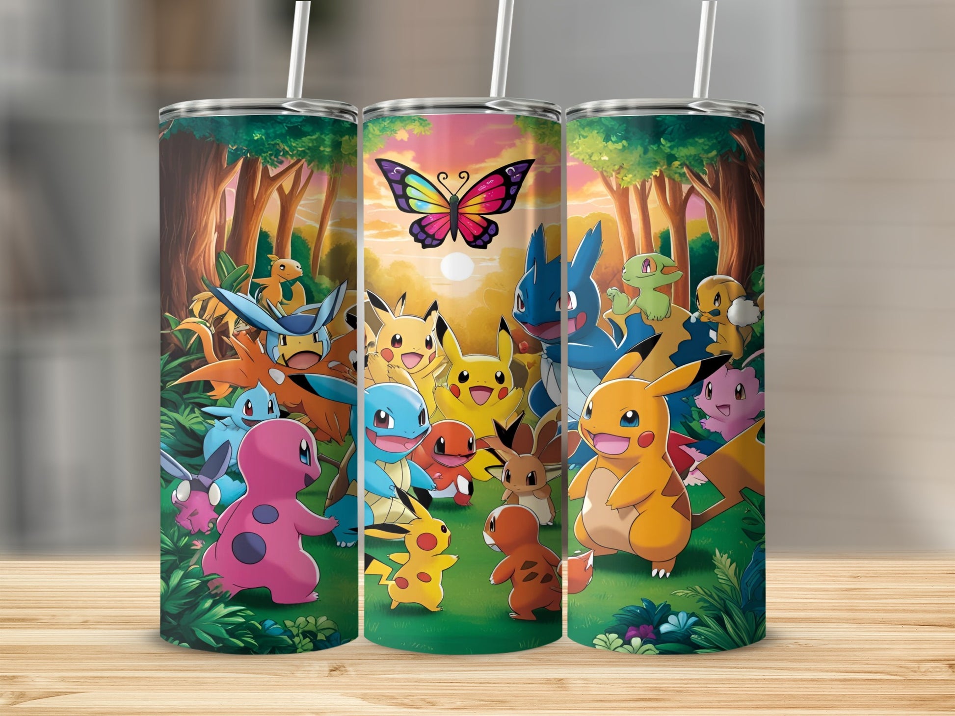 Pokemon characters gather in a forest clearing with a butterfly overhead.