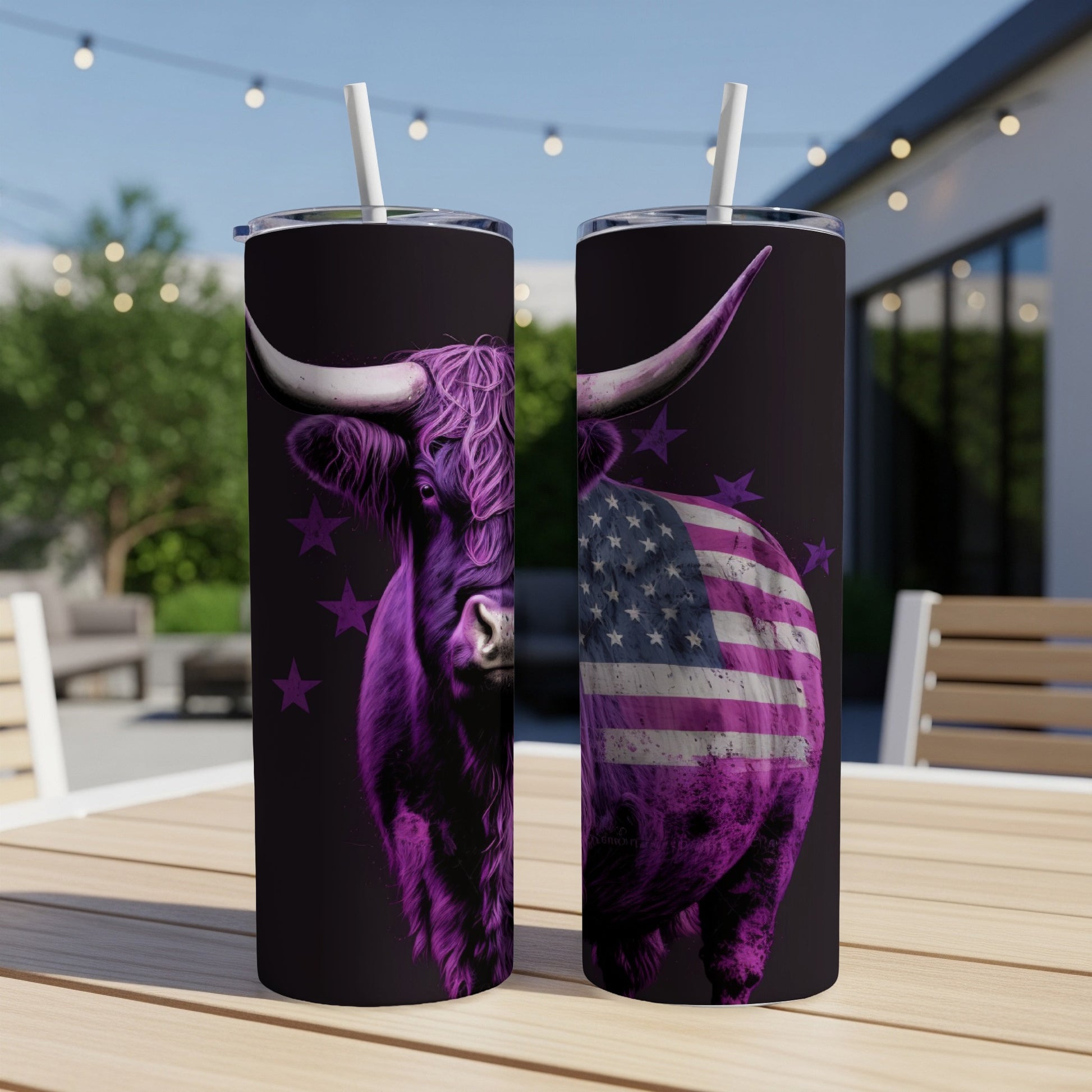Purple Highland cow with American flag pattern on tumbler.