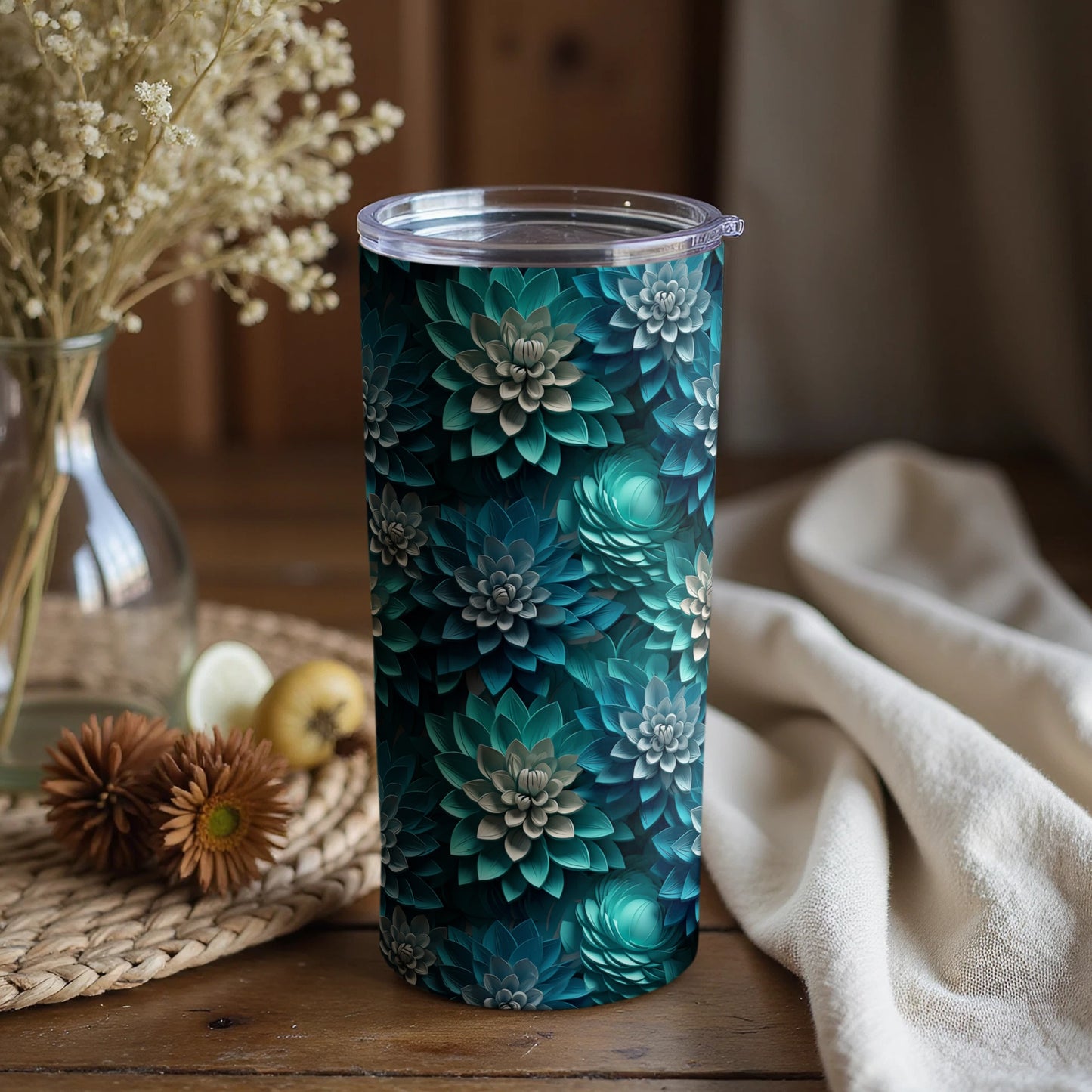 Blue Green Floral Insulated Travel Tumbler for Beverages