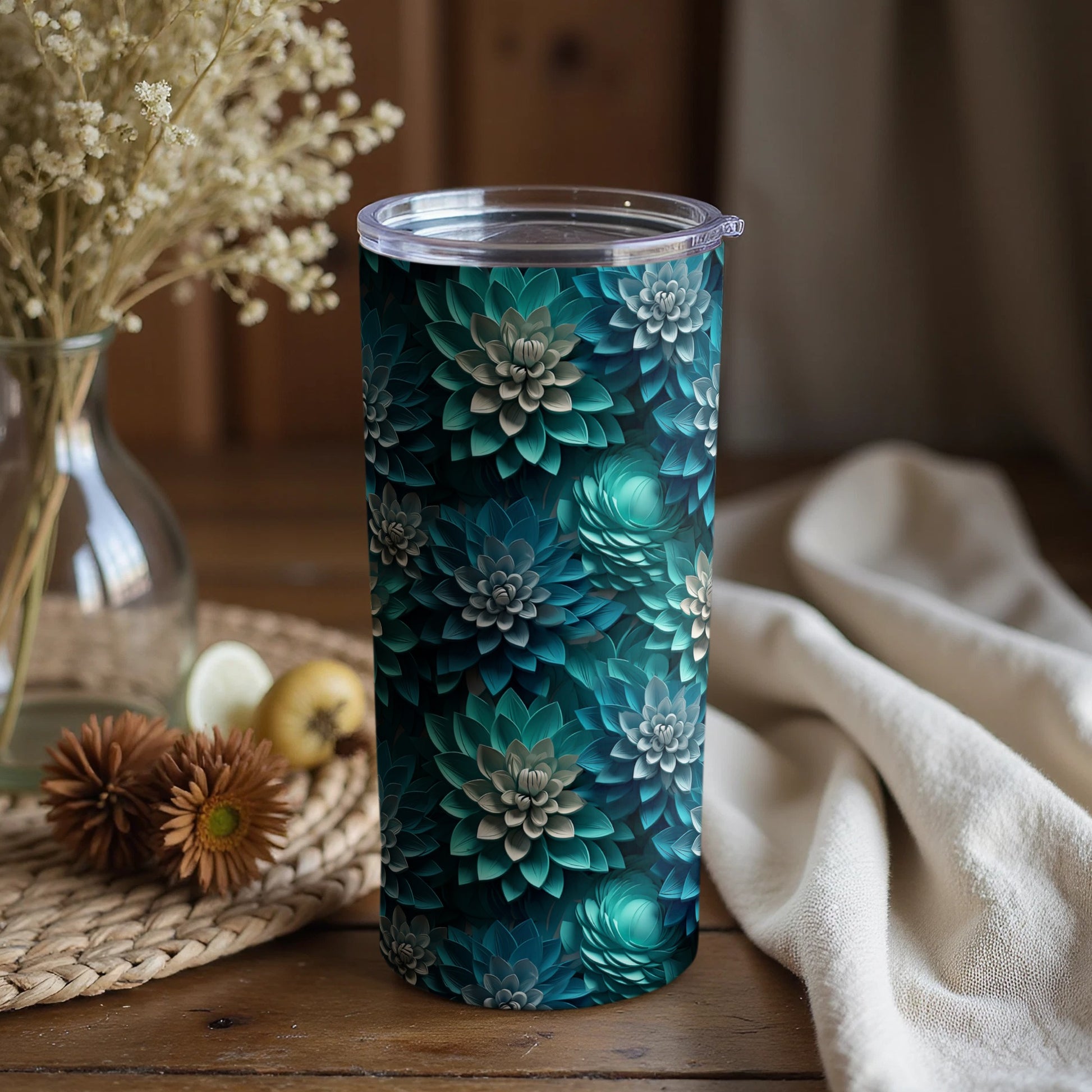 Blue Green Floral Insulated Travel Tumbler for Beverages