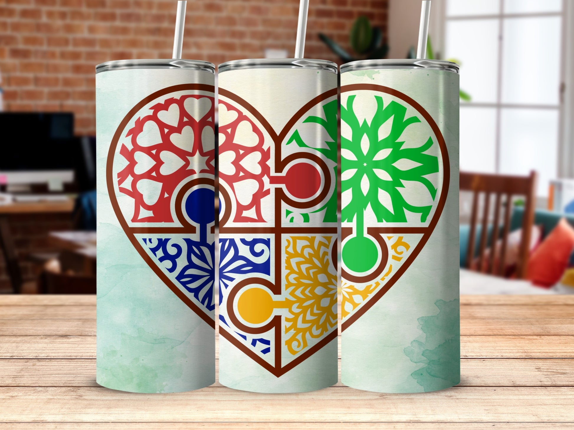Colorful Heart Puzzle Pattern Insulated Tumbler
